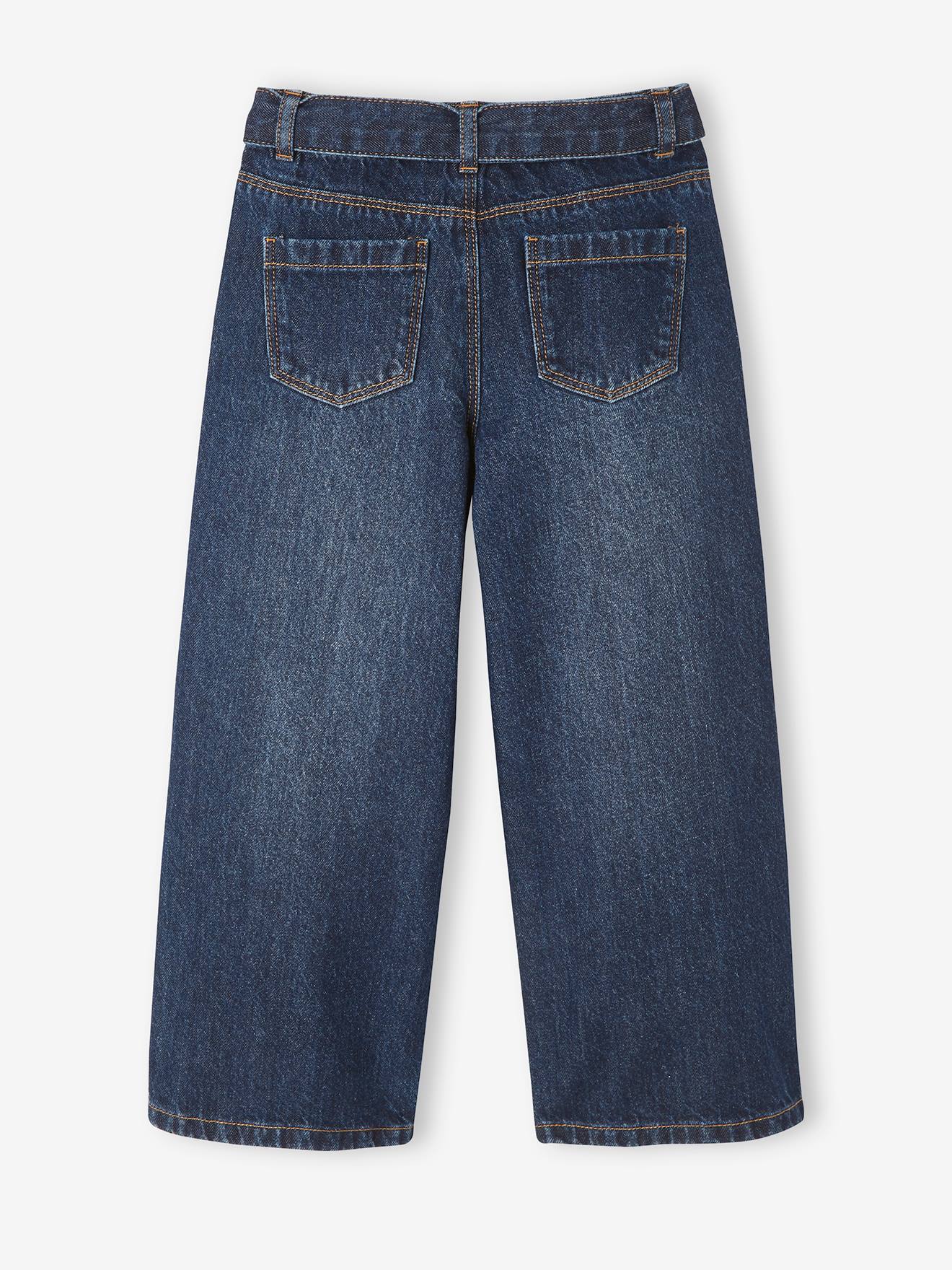 Jean large brodé fleurs fille brut