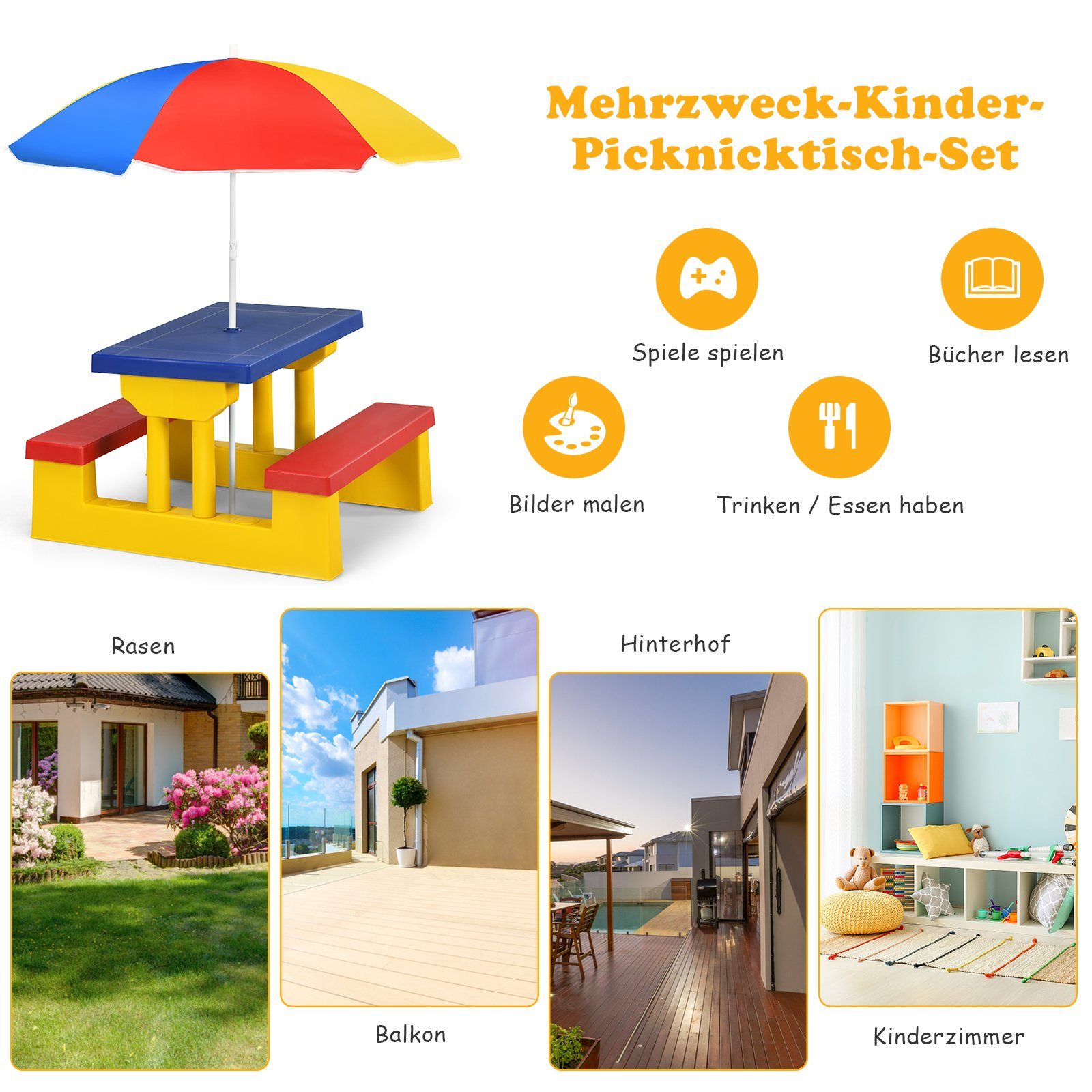 COSTWAY Kindersitzgruppe Sitzgarnitur, Kindertisch, mit Sonnenschirm