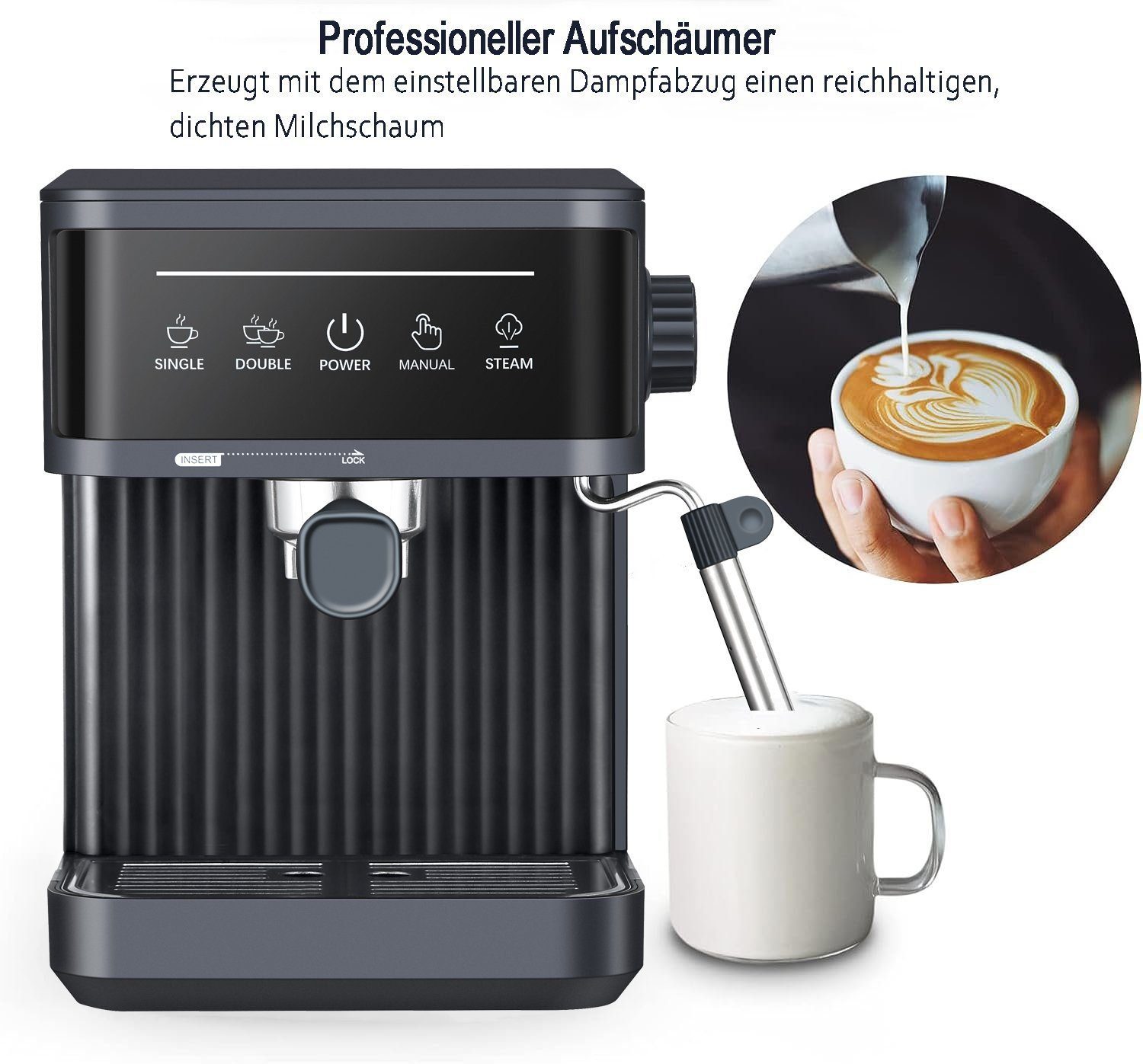 Mutoy Kaffeevollautomat Kaffeevollautomat,Espresso Siebträgermaschine 20 Bar, Kaffeemaschine für den Hausgebrauch, 850W, 1,8 Liter Wassertank