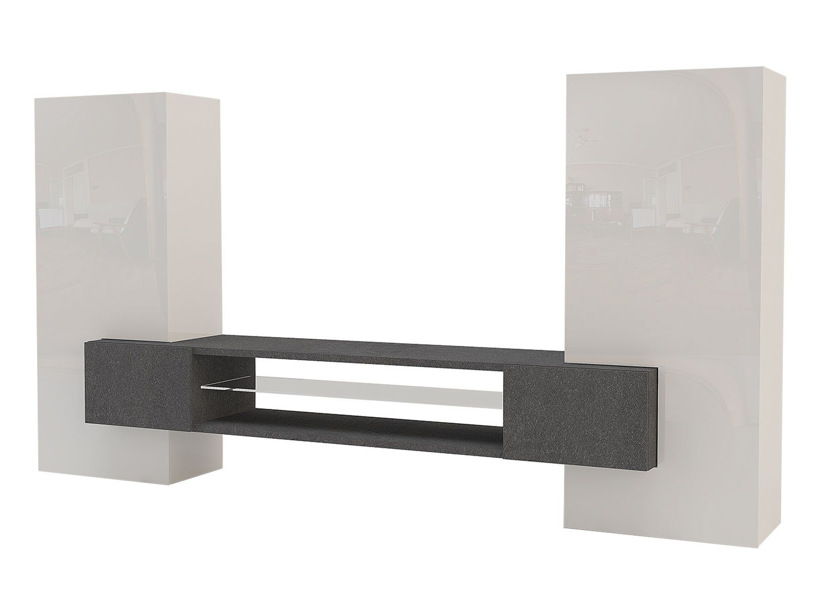 möbelando Wohnwand Akka, Moderne Wohnwand aus Spanplatte in weiß-Hochglanz und Schiefer Nachbildung bestehend aus, TV-Hängelowboard mit 2 Türen und 2 Schränke mit je 1 Tür dahinter 3 Böden. Breite 271,6 cm, Höhe 143 cm, Tiefe 46 cm.
