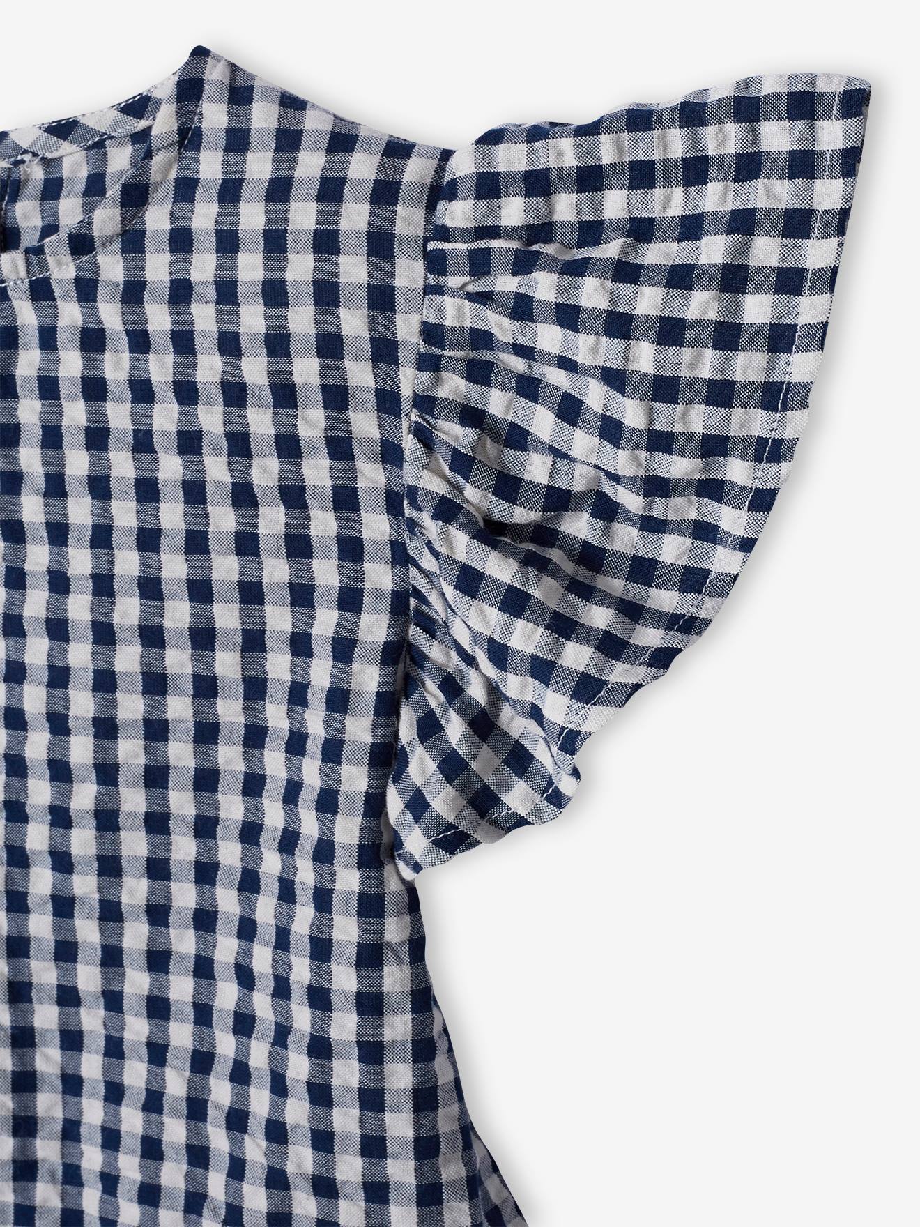 Blouse volantée à carreaux vichy fille carreaux marine