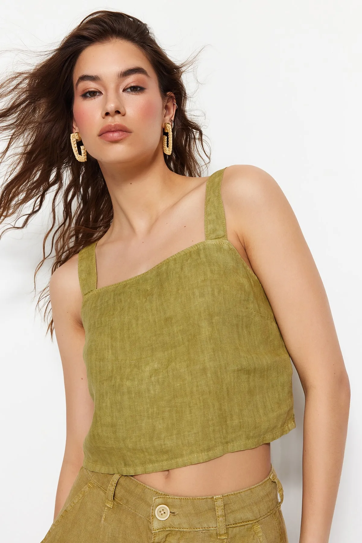 Trendyol Collection  Ölgrünes Bustier aus 100 % Leinen
