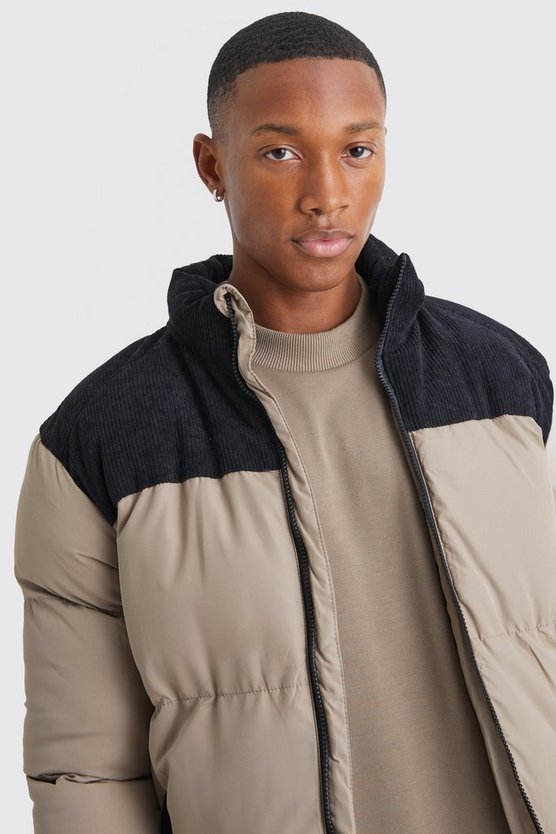 Colorblock-Steppjacke mit Cord-Einsatz
