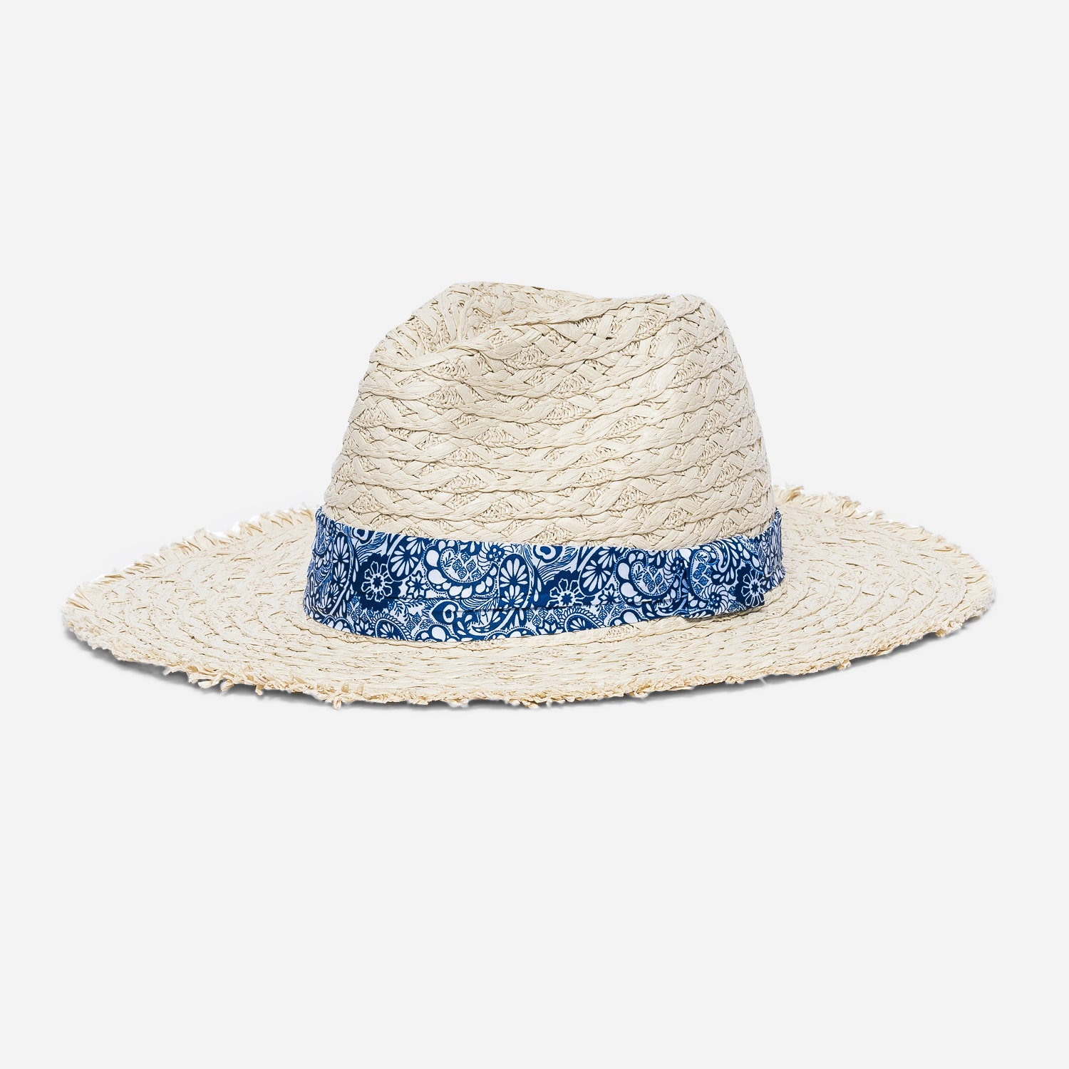 Chapeau beige en paille à galon marine cachemire