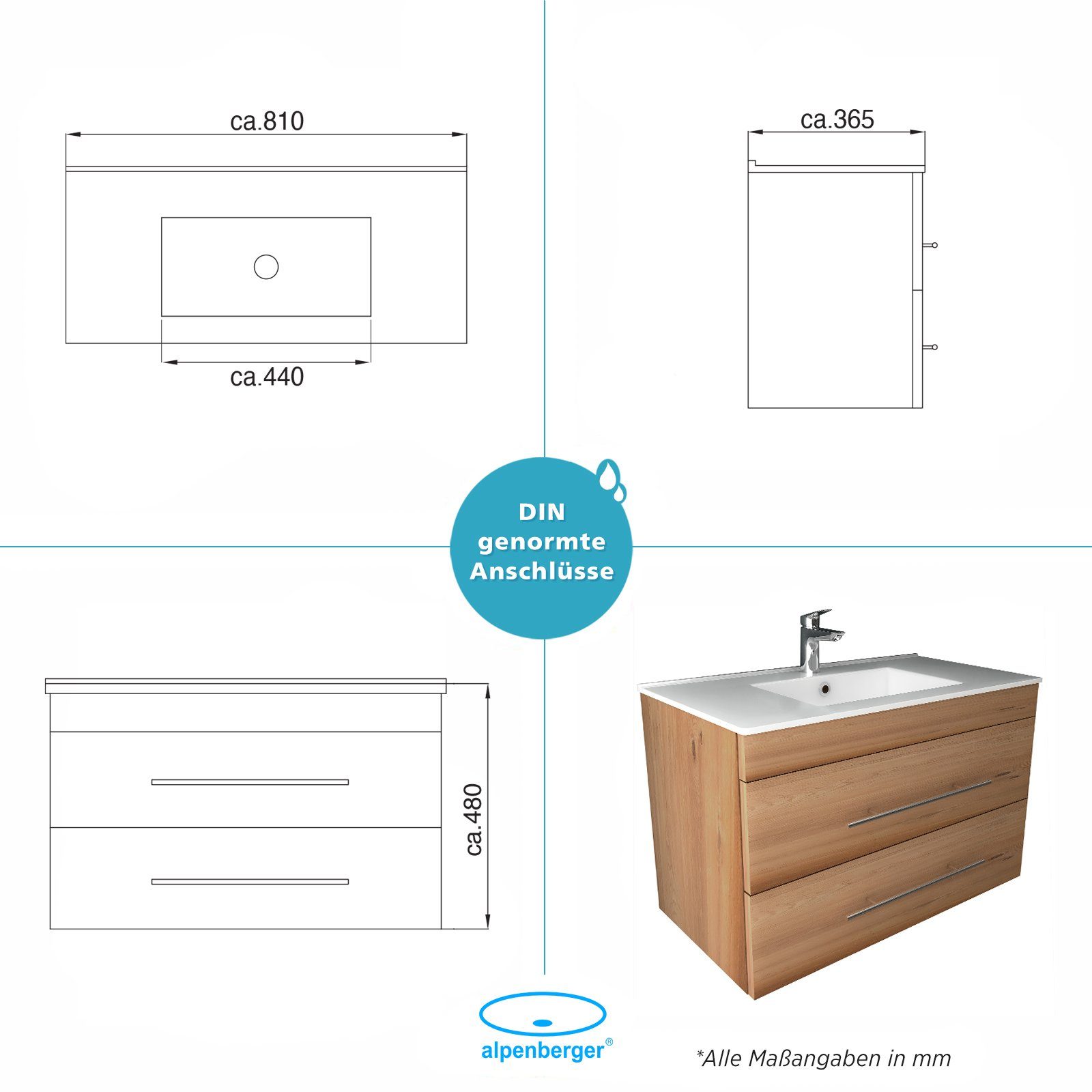 Alpenberger Badmöbel-Set Bad Unterschrank & Waschbecken Set – Waschtisch Gäste WC, (2-tlg., Badezimmermöbel Vormontiert mit Nano Becken), Waschbeckenunterschrank Breite 80 cm für Badezimmer in Bamboo