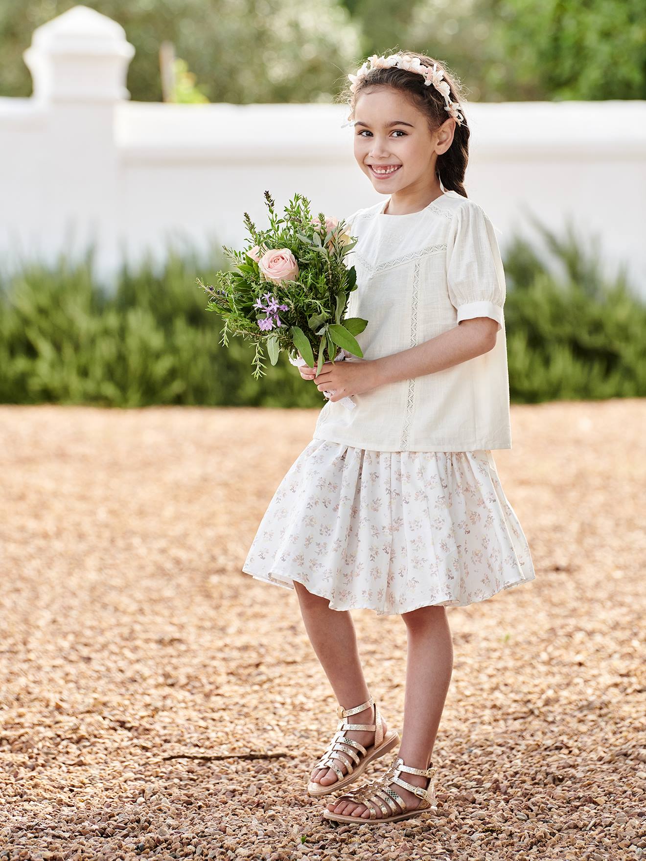 Jupe de cérémonie à fleurs fille blanc imprimé