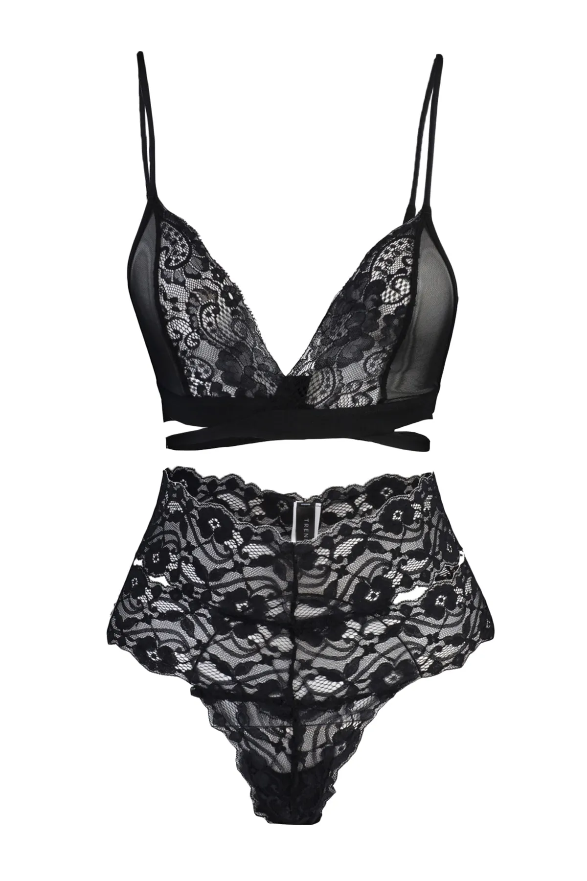 Trendyol Collection  Schwarzes, gestricktes Unterwäsche-Set mit Schnürung und Spitzenbesatz THMAW22AU0202