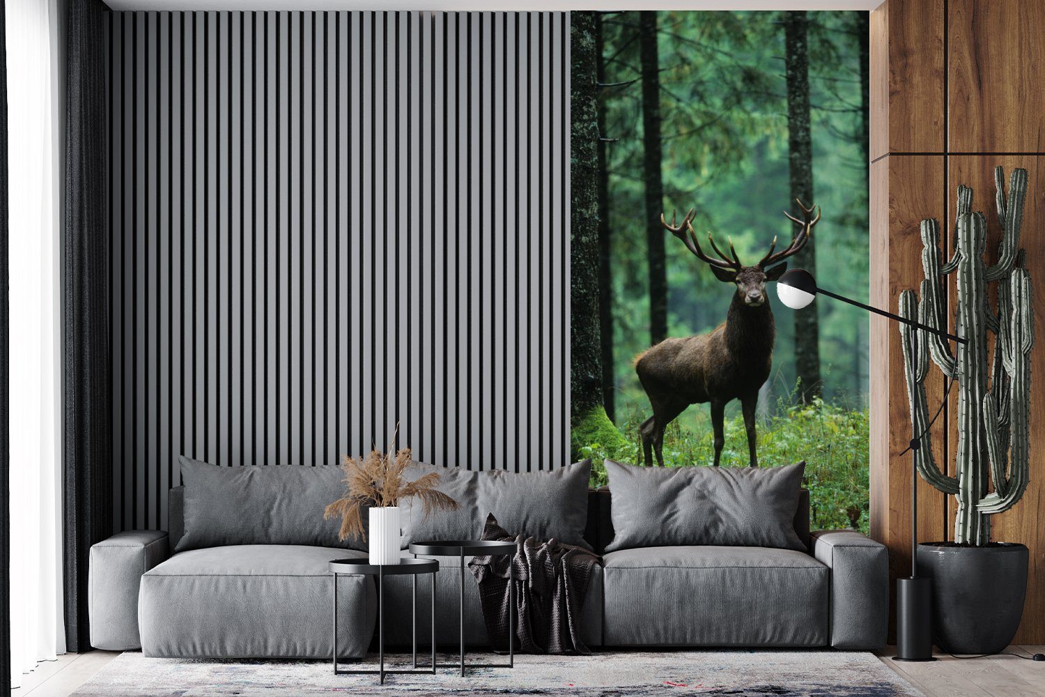 MuchoWow Fototapete Hirsche - Wald - Bäume - Tiere - Natur, Matt, bedruckt, (2 St), Vliestapete für Wohnzimmer Schlafzimmer Küche, Fototapete