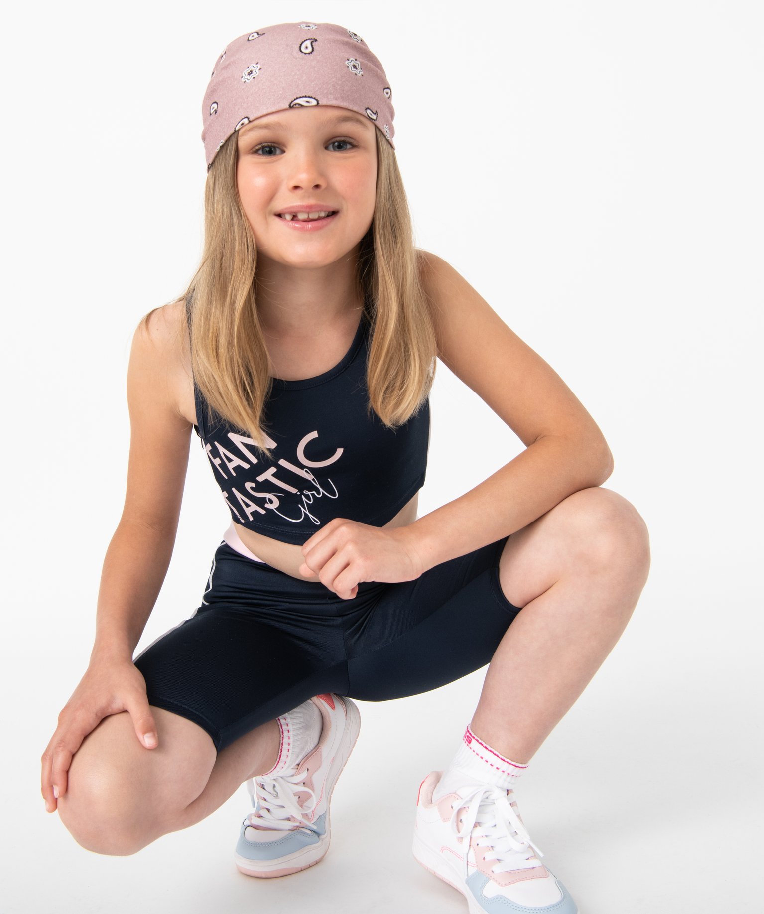 Legging de sport fille court à large ceinture élastique marine | GEMO