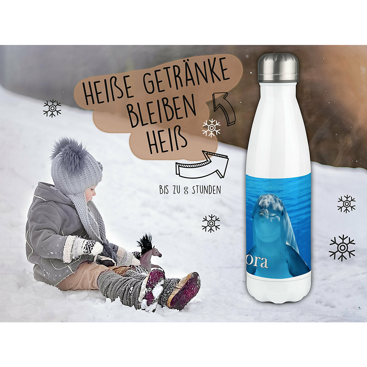 Edelstahl Kinder Thermoflasche / Trinkflasche bunt Delfin Spülmaschinenfest, Auslaufsicher, Bruchfest, Doppelwandig, Für Heißgetränke geeignet, Mit Deckel, Isoliert