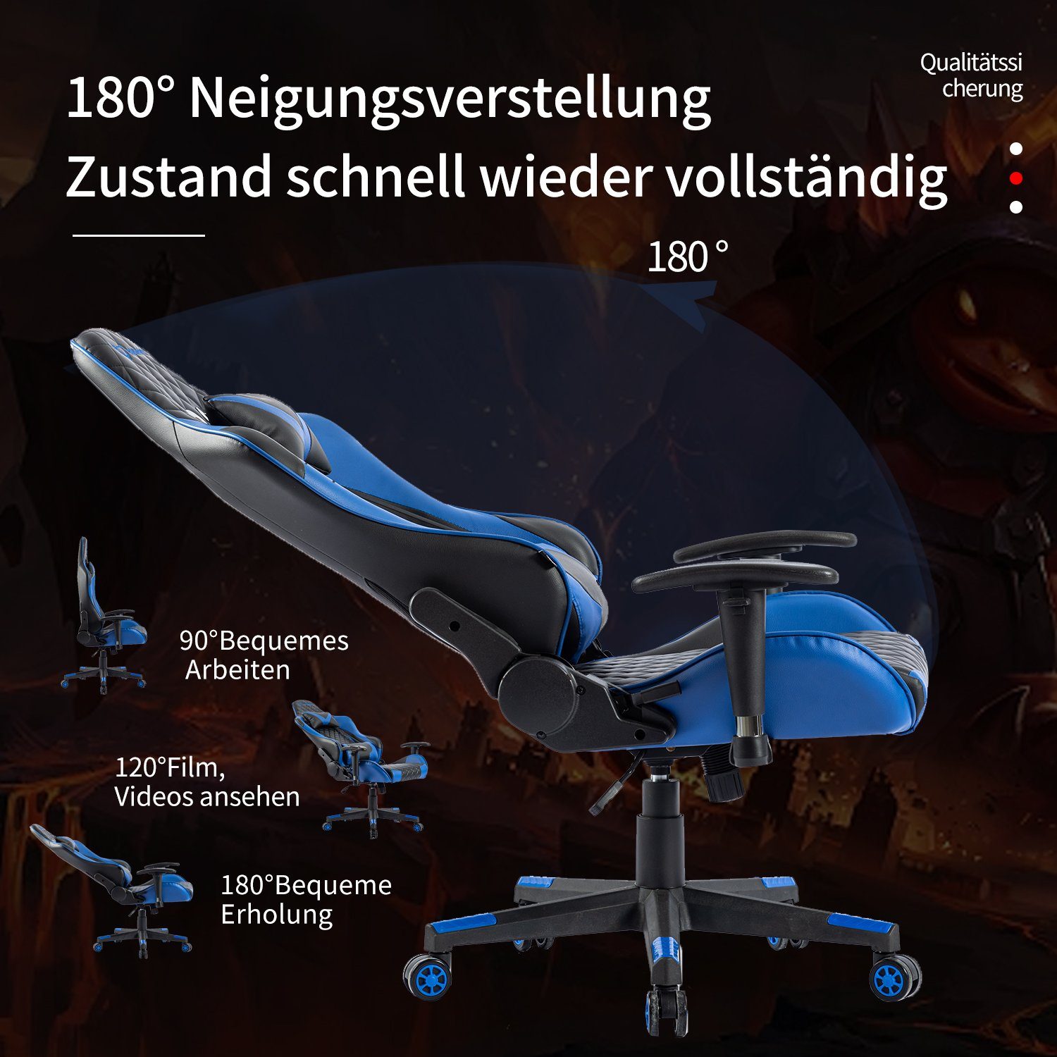 IKIDO Gaming-Stuhl Ergonomischer Spielestuhl (Professioneller Gamingstuhl), Verstellbare Rückenlehne, Ergonomischer Rahmen, Stoßdämpfendes Kissen