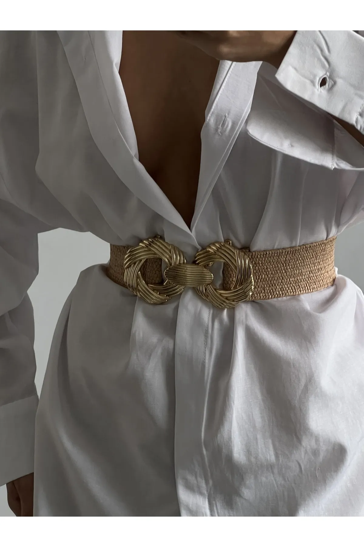 Fiori  Ineinandergreifender, elastischer Damengürtel aus Stroh mit goldener Schnalle, Jackengürtel, Hemdgürtel, Kleidergürtel