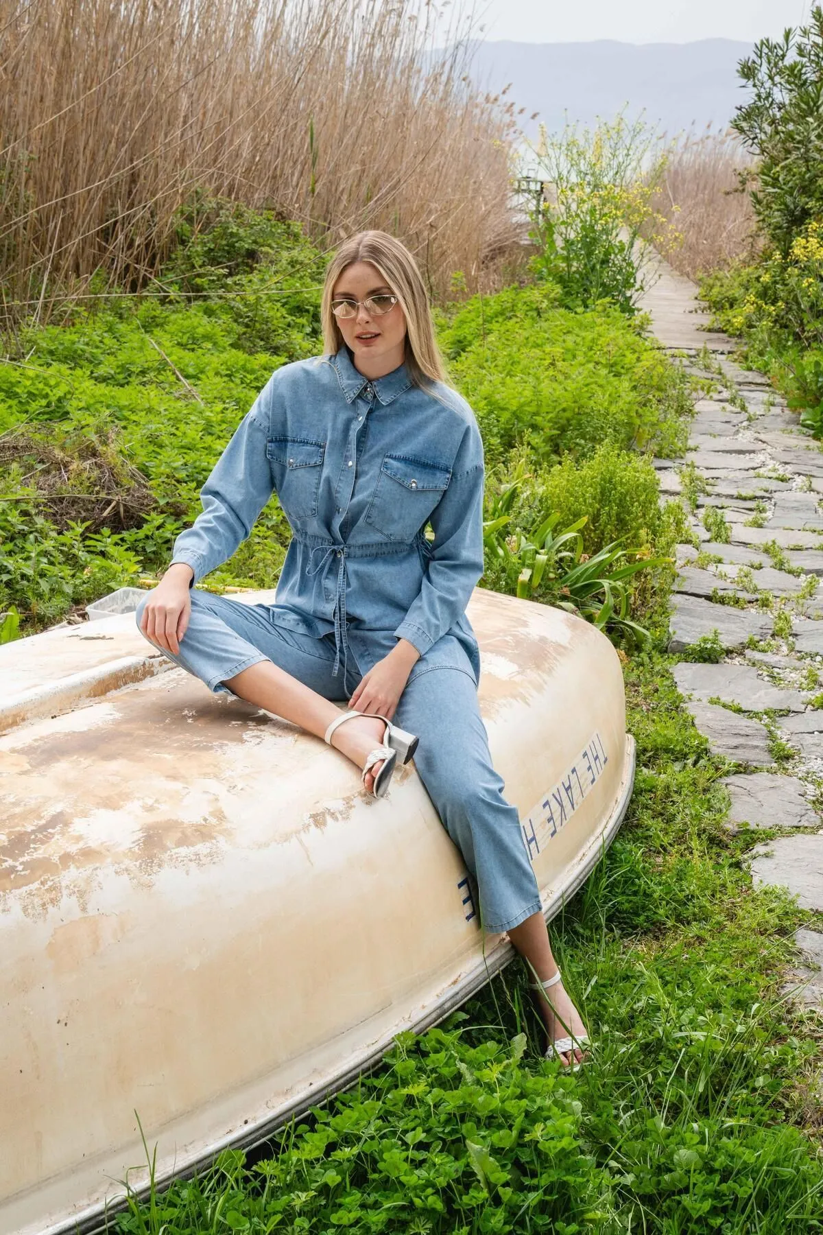 Olcay  Tuniği Kordelzug Taille Hose Dünne Denim Set mit Elastische Taille BLAU 9226-TK