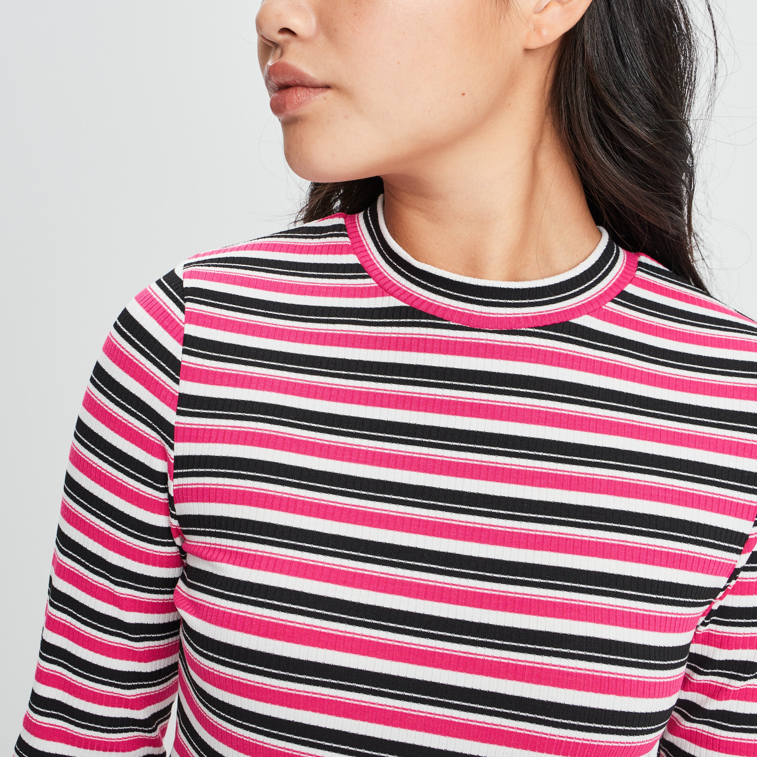 T-shirt manches longues côtelé rose vif femme | La Halle