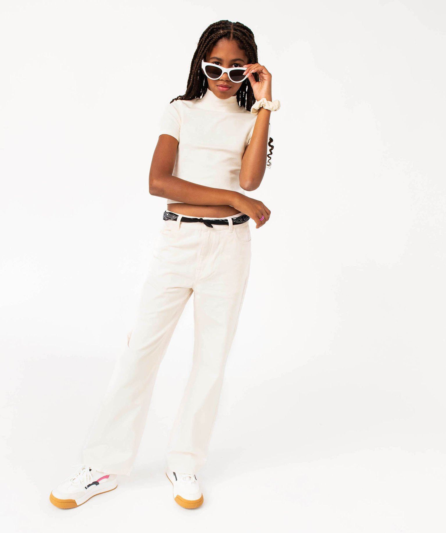 Pantalon en toile coupe large à taille haute fille beige | GEMO