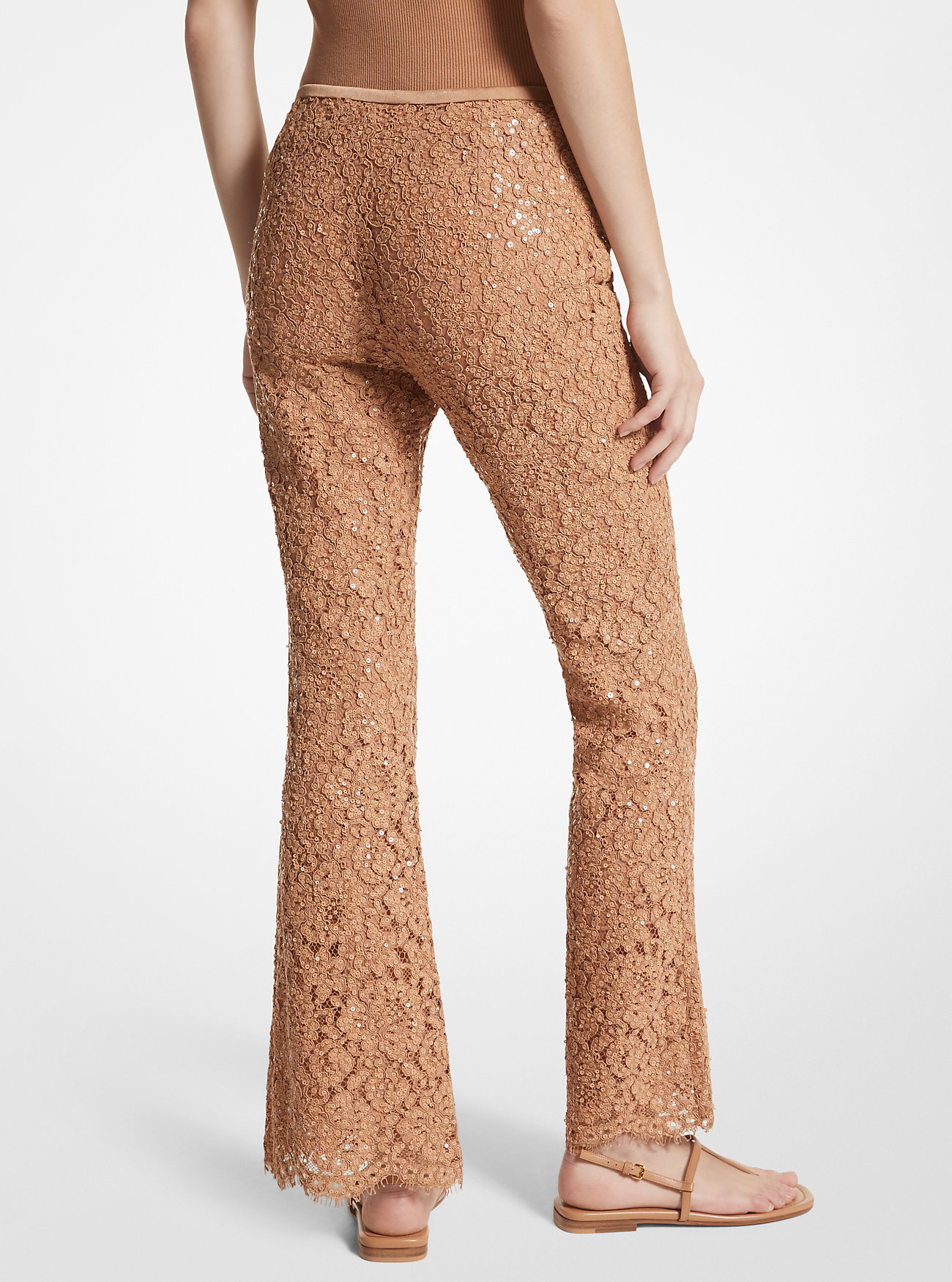 Hand-Embroidered Sequin Floral Corded Lace Cropped Pants - SUNTAN