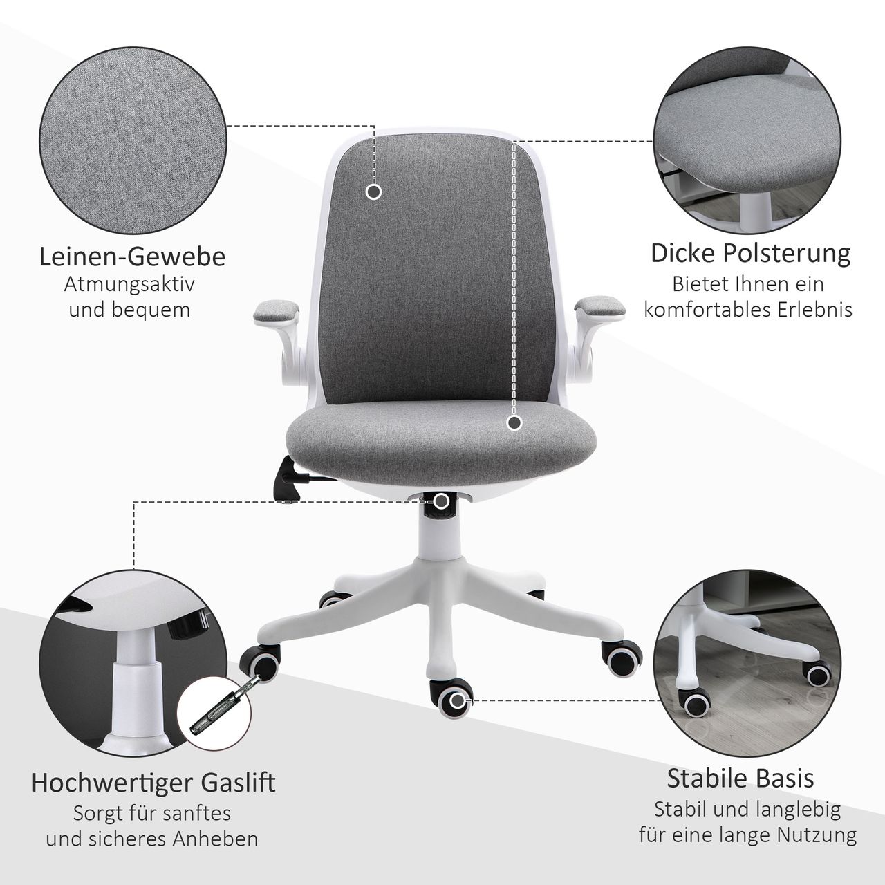 HOMCOM Bürostuhl Schreibtischstuhl Drehstuhl mit Wippfunktion Armlehne verstellbar höhenverstellbar ergonomisch Leinenimitat Nylon Grau Weiß 62,5 x 60 x 90-98 cm