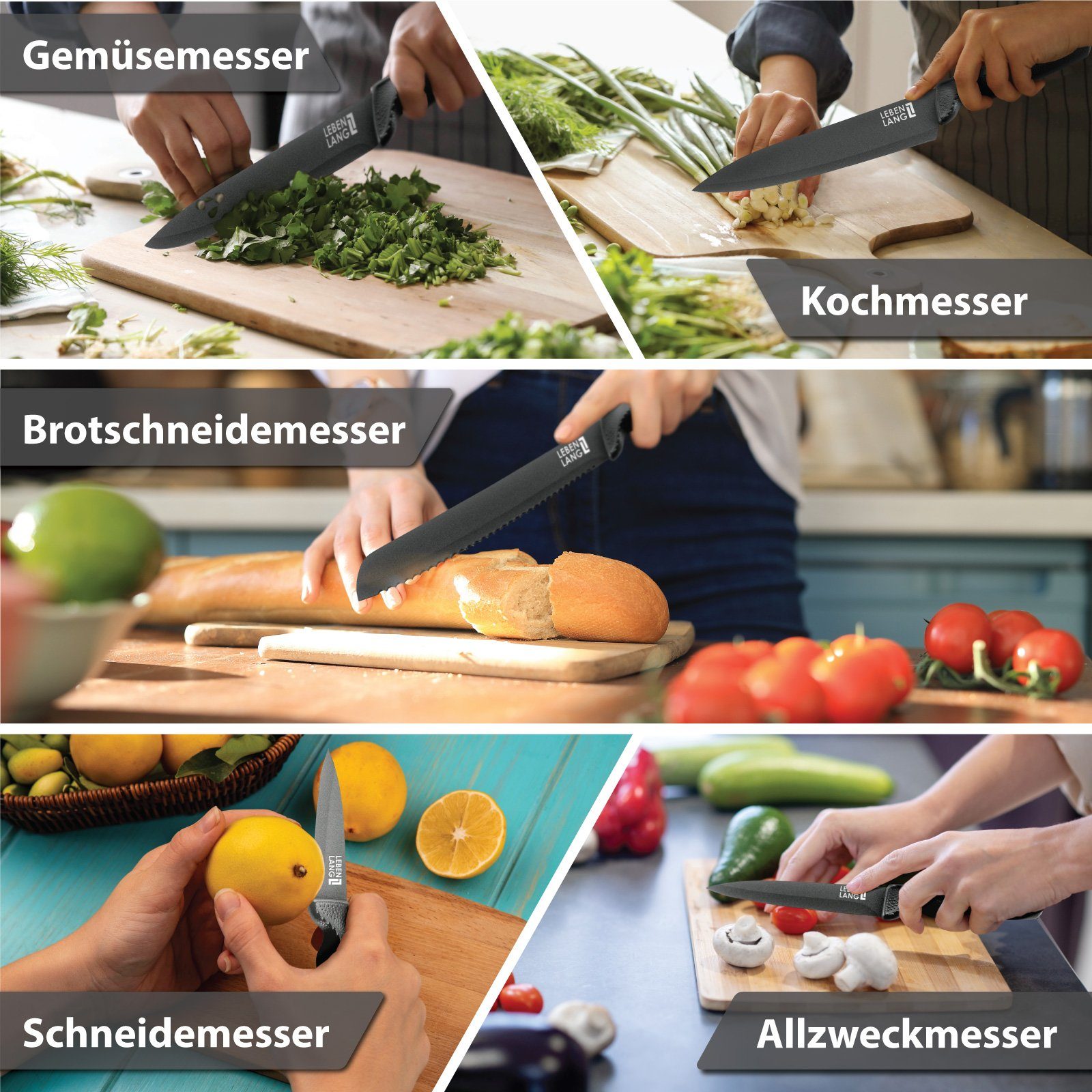 Lebenlang Messer-Set Messerset 5-teilig Edelstahl schwarz Scharfes Küchenmesser Set (5-tlg), Küchenhelfer mit black knives Scharfe Messer für Küche Küchenzubehör