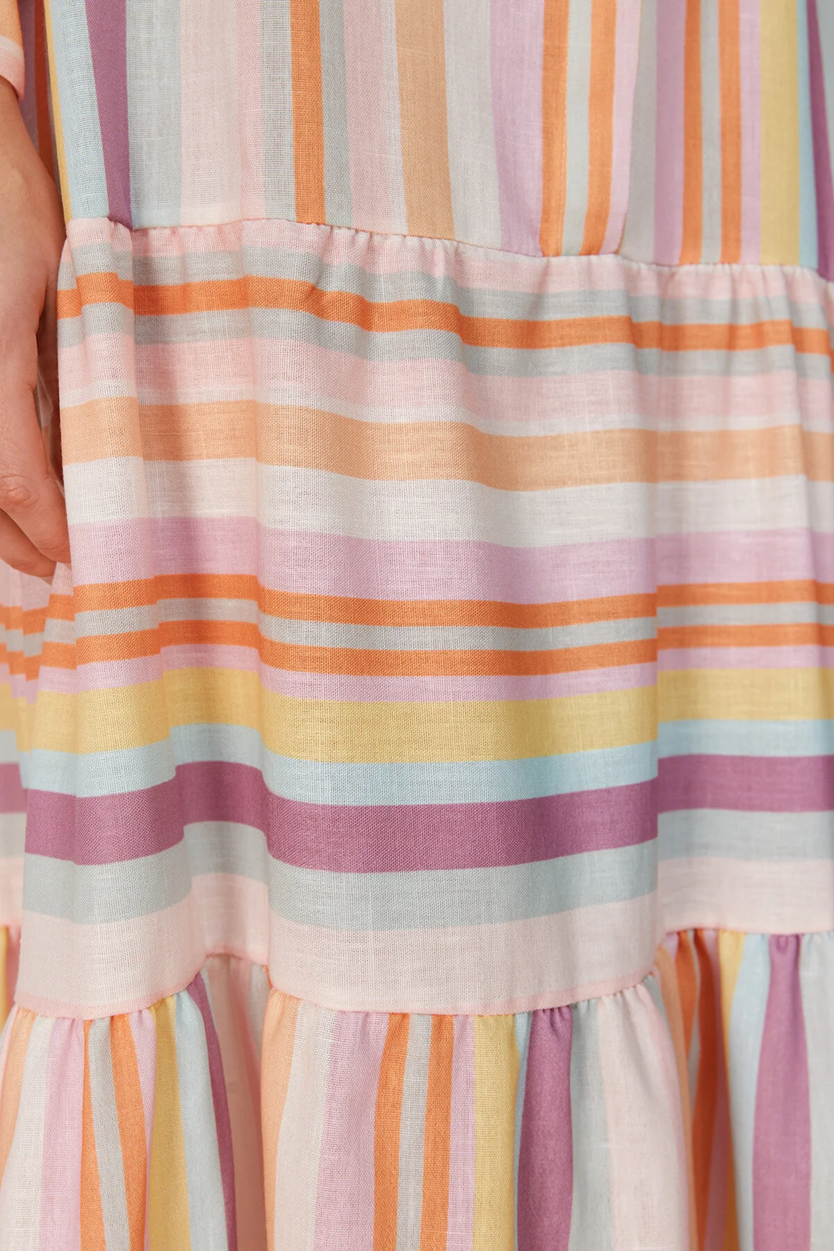 Trendyol Modest  Gewebtes Kleid in Leinenoptik mit mehrfarbig gestreiftem Rock und Rüschen TCTSS24EB00105