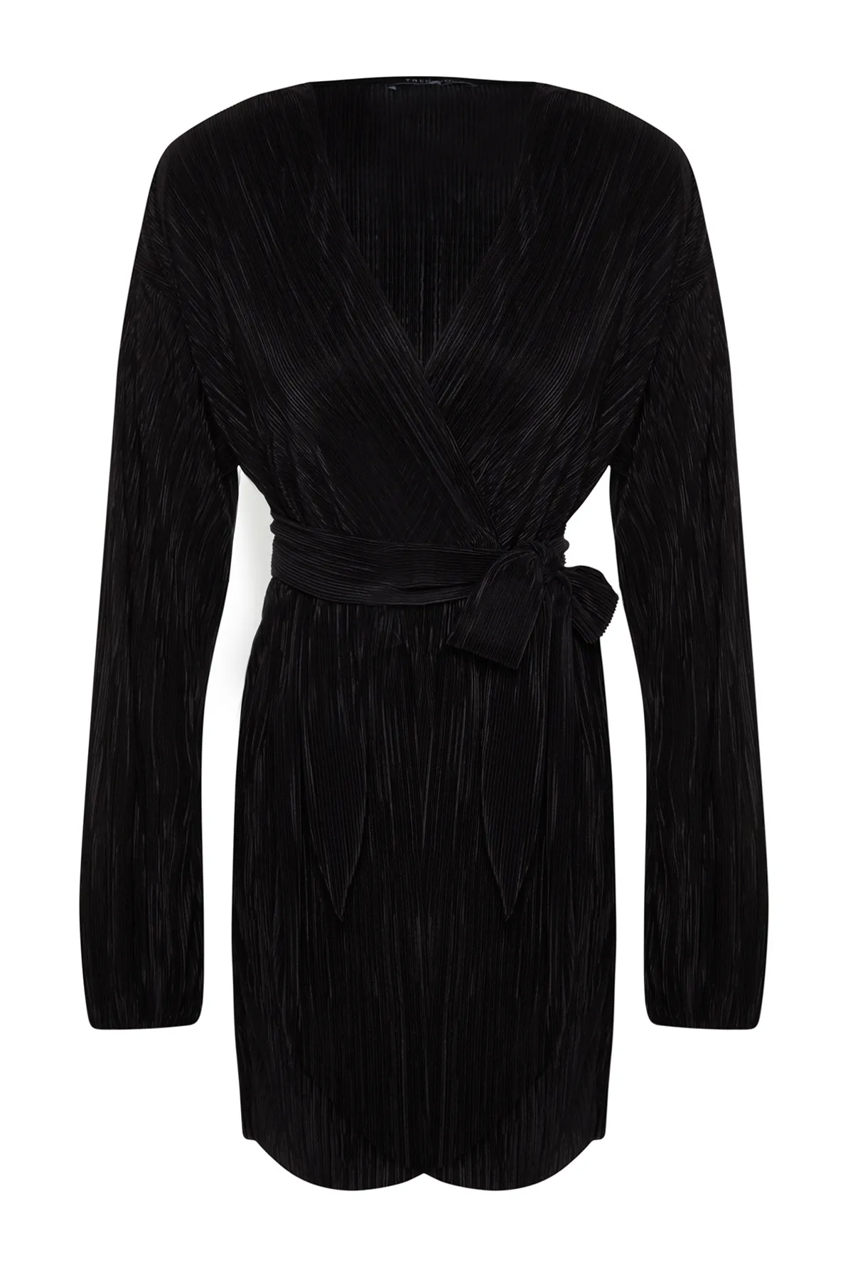 Trendyol Collection  Schwarzes elegantes Abendkleid mit Gürtel und Taillenöffnung/Skater-Strick, gefüttert und plissiert TPRAW24EL00108