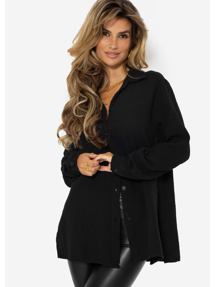 SASSYCLASSY Oversize Musselin Bluse in Schwarz günstig kaufen