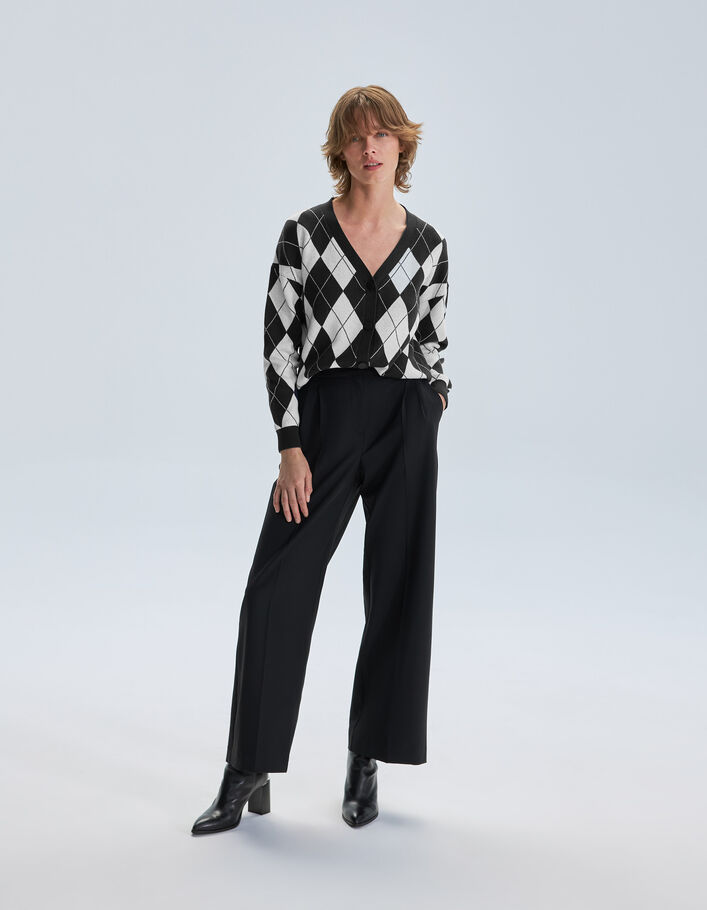 Cardigan gris et écru tricot motif Argyle Femme