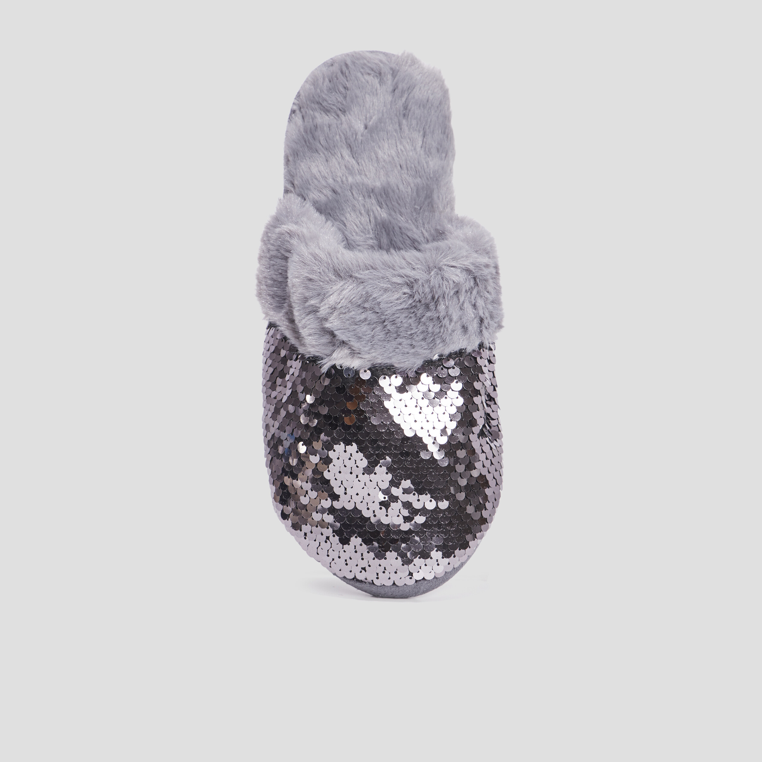Chaussons mules sequins et fourrure gris femme | La Halle