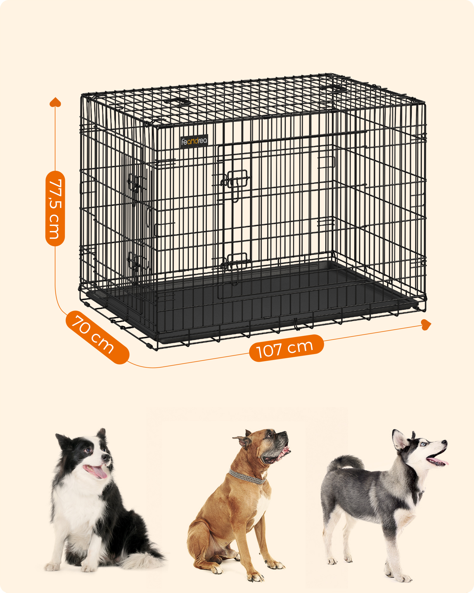 FEANDREA Transportboxen & Gitterboxen FEANDREA S-XXL Hundekäfig mit 2 Türen 1,07 m, 70 cm, 77,5 cm