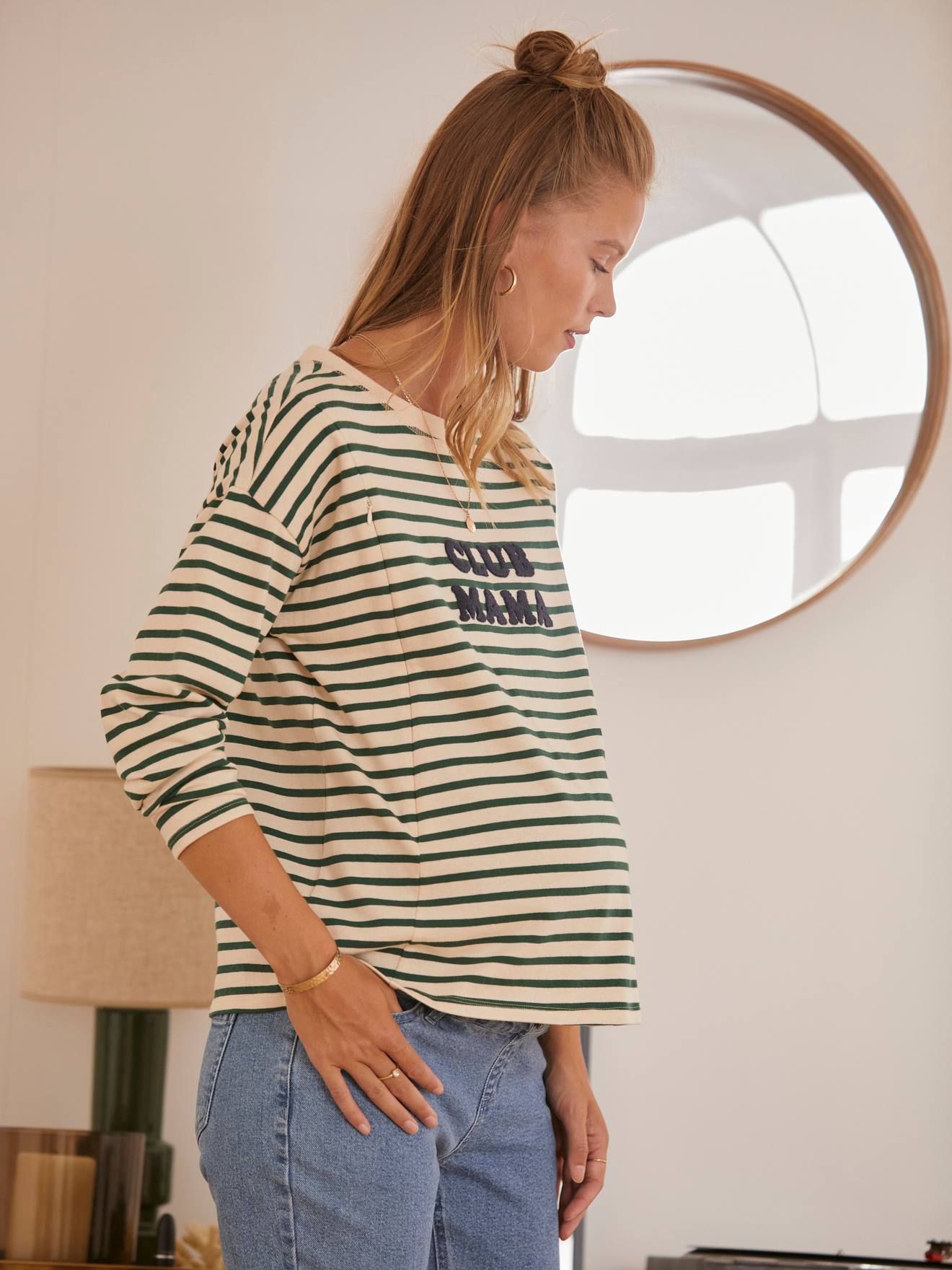 T-shirt marinière grossesse et allaitement vert rayé blanc