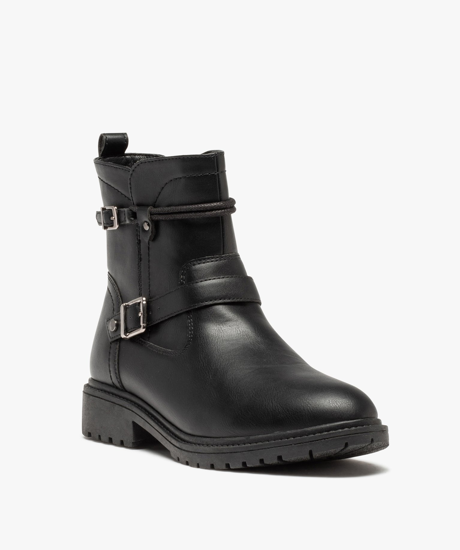 Boots femme unies à brides décoratives et talon large noir | GEMO