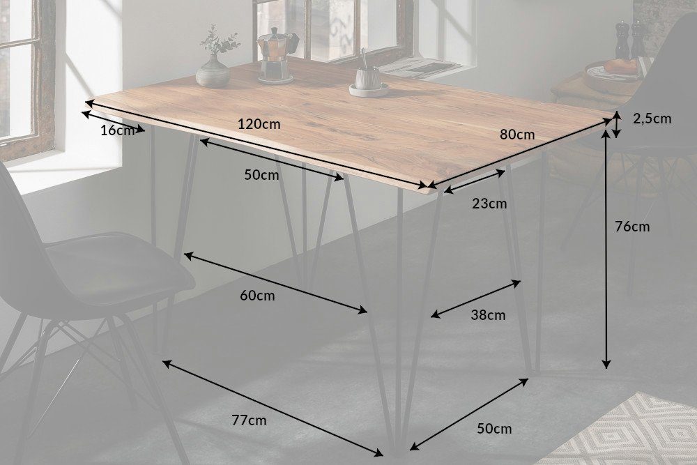 riess-ambiente Küchentisch MAMMUT 120cm natur / schwarz (Einzelartikel, 1-St), Massivholz · Baumkante · Schreibtisch · Hairpin Legs · Metall · Retro