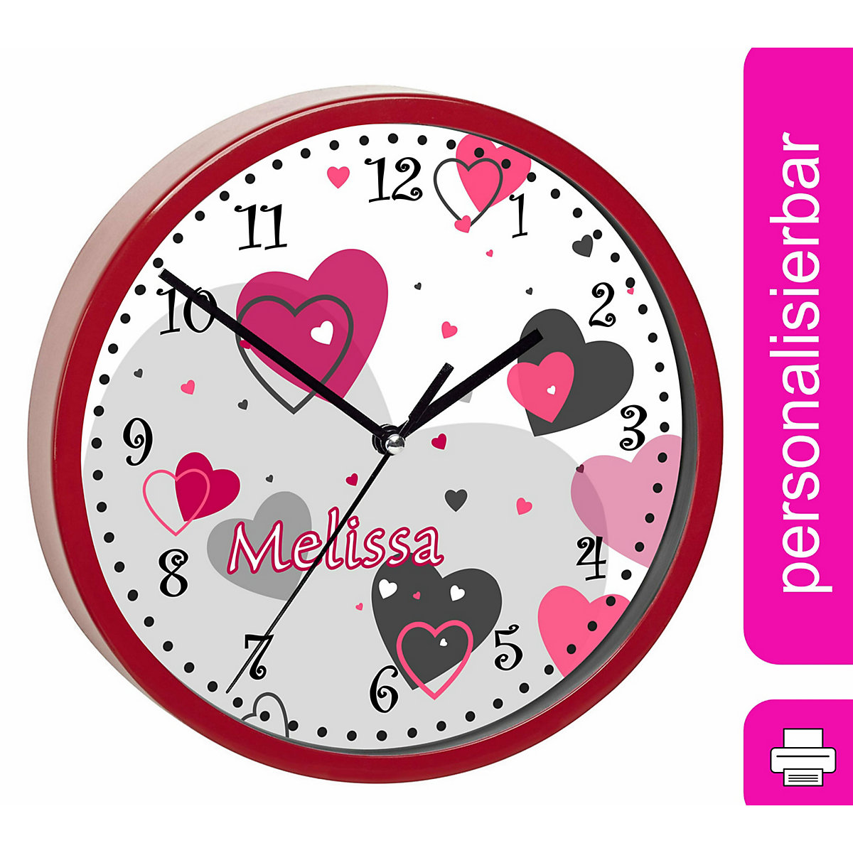 Kinder Wanduhr personalisiert mit Name Herz Rosa Grau