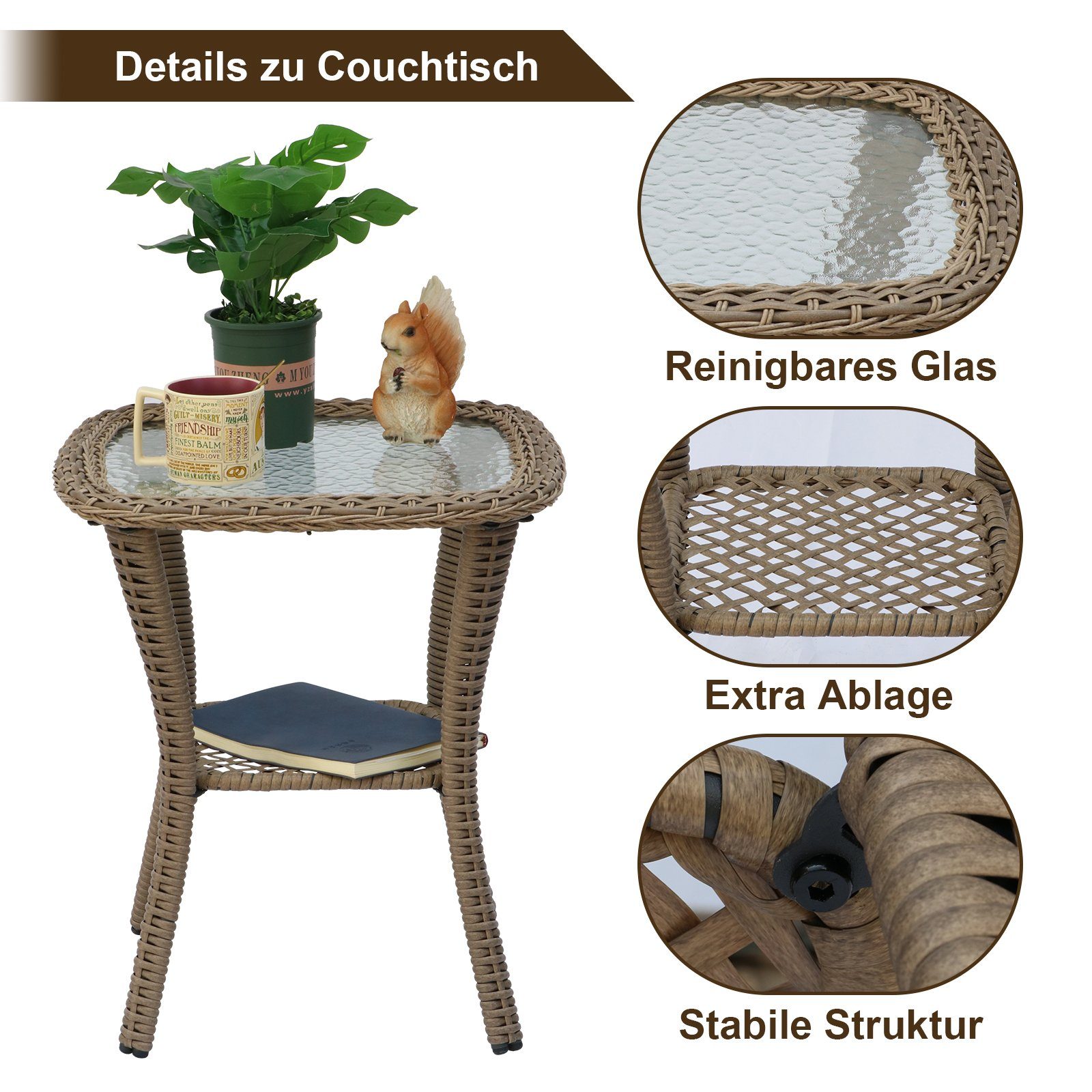 BIGTREE Rattanstuhl 3tlg.Drehbarer Sofasessel+Doppelter Tisch, 2 Farben