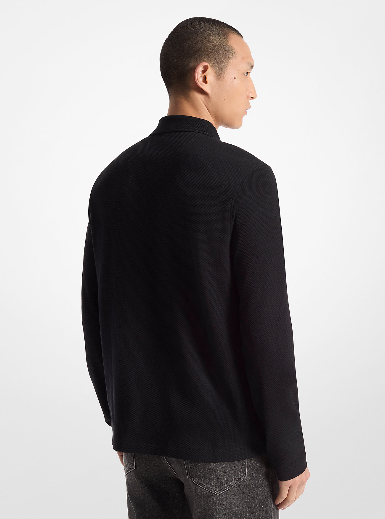 Bubble Knit Langermet Poloskjorte - SVART