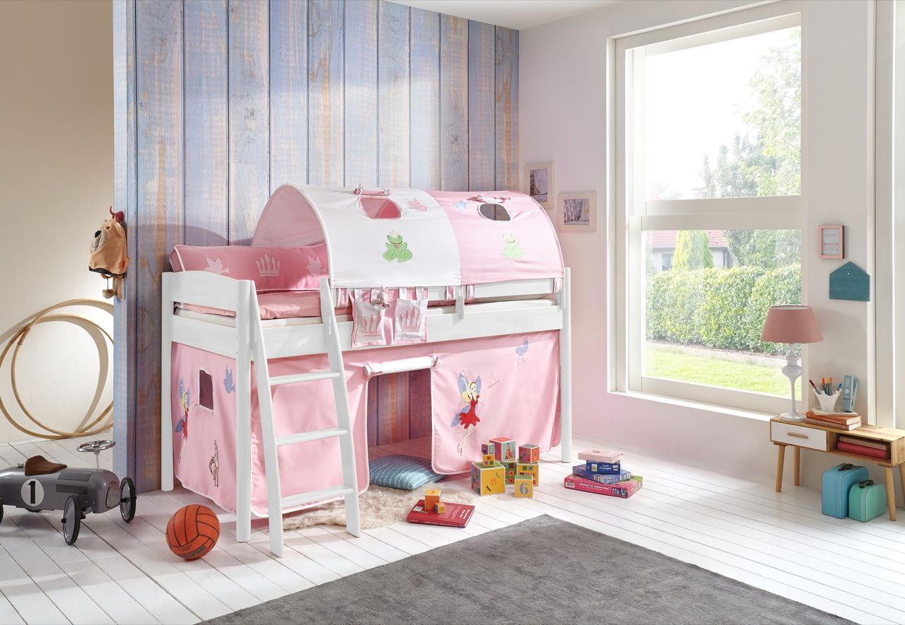 Relita Halbhohes Bett MICHELLE 90x200 cm Buche massiv weiß lackiert, mit Textilset Vorhang, 2-Tunnel, Tasche Princess