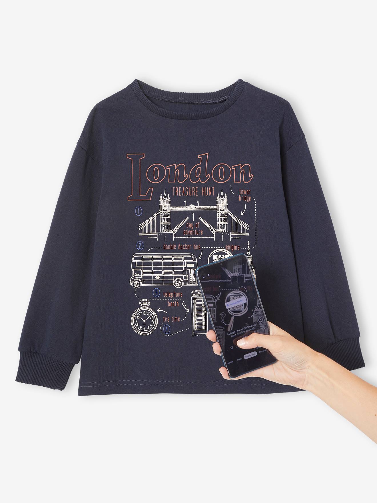 T-shirt ludique interactif avec QR code à scanner garçon pour enquêter navy
