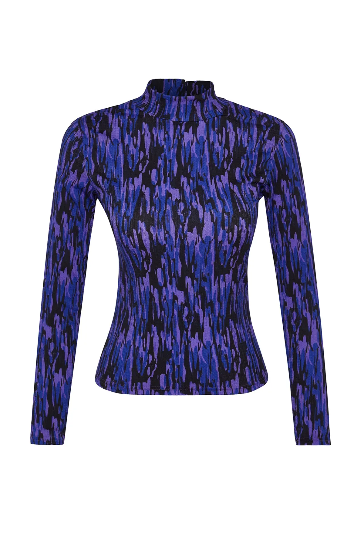 Trendyol Collection  Lila bedruckter, taillierter, hochgeschlossener Langarmpullover/strukturierte Strickbluse TWOAW22BZ0256