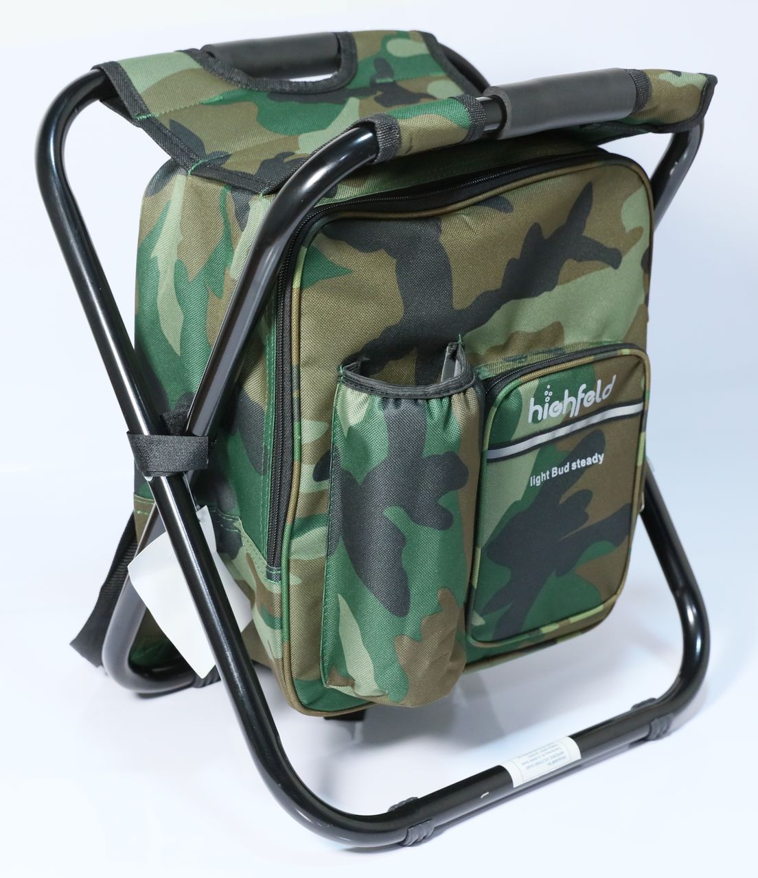 HIGHFELD Camping Stuhl Hocker mit Rucksack camouflage Kühltasche