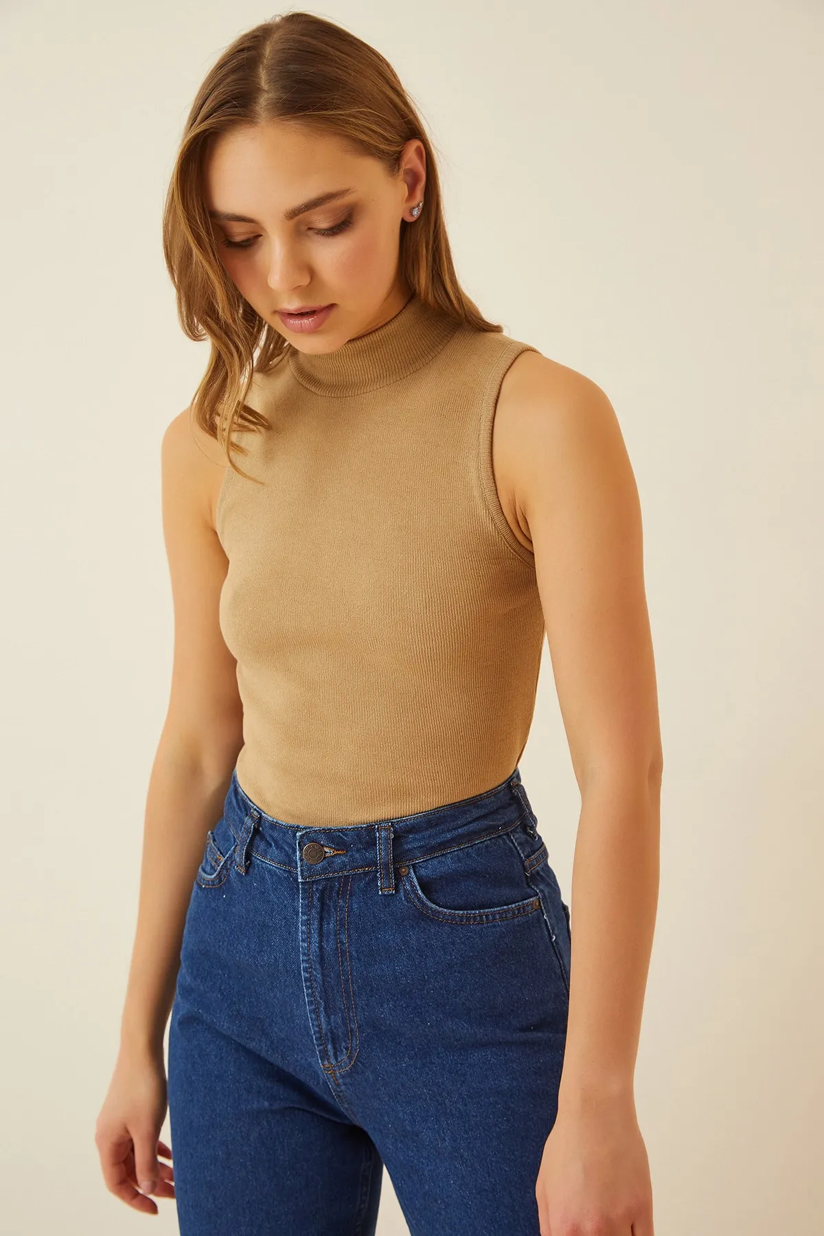 Happiness İstanbul  Damen-Strickbluse mit Rollkragen, weiß, ärmellos, 2 Stück, GT00012