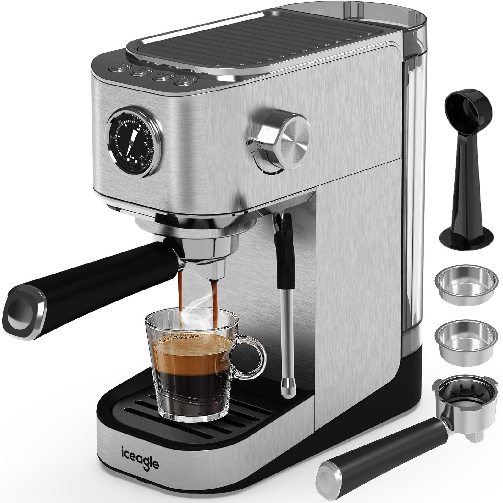 iceagle Espressomaschine 20 Bar, Professionelle Espressomaschine mit Milchaufschäumer, Professionelle Espressomaschinen, Halbautomatisch 2-in-1 L28.7*T13.7*H28.4cm, Dampf-Milchschaum,Hochdruck-Extraktion,Haus-Kaffeemaschine