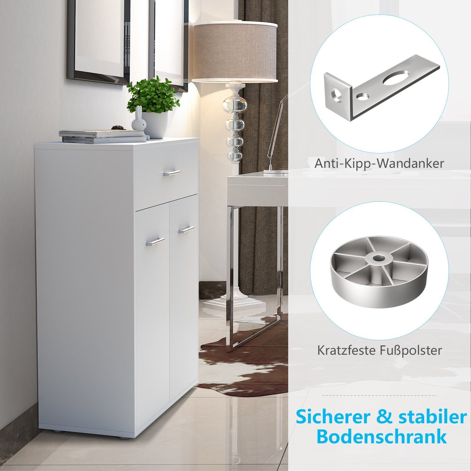 COSTWAY Badkommode, mit Schublade und Unterschrank, 60x29x82cm, weiß