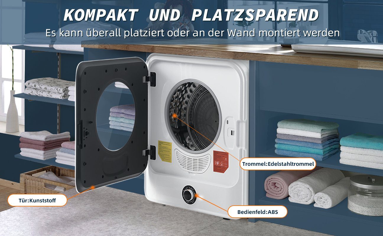 REDOM Ablufttrockner Edelstahltrockner Freistehend oder hängend, Mit PTC-Heizlement, 3 kg, Überhitzungsschutz, wandmontierbar 3 kg Mini-Wäschetrockner