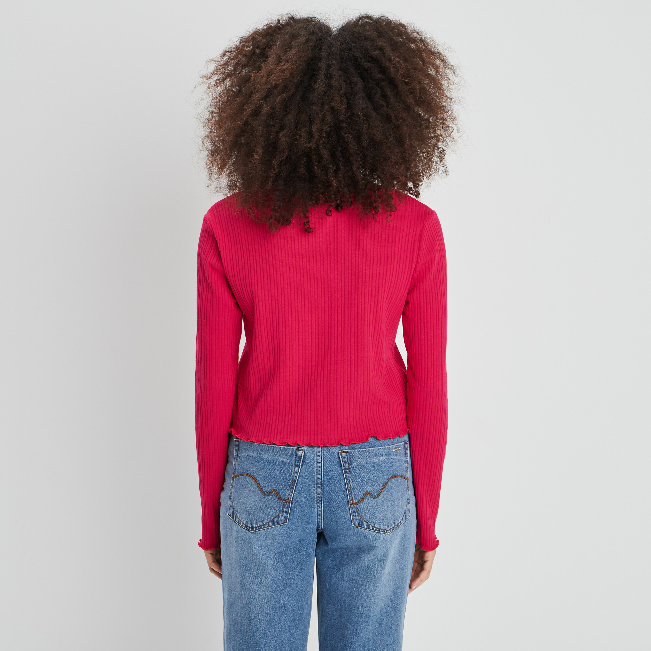 T-shirt côtelé avec col en V rose vif femme | La Halle