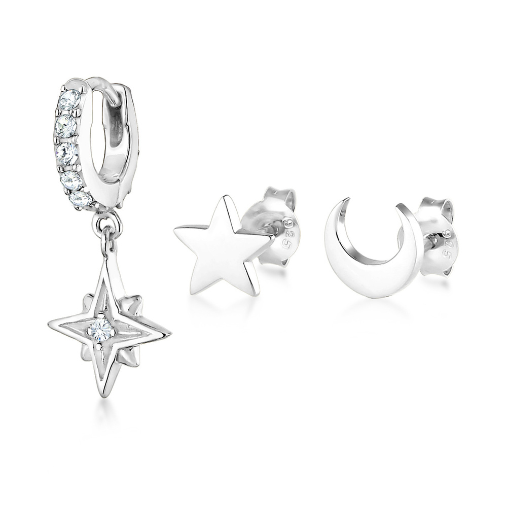 Elli Elli Boucles d'Oreilles Femme Ensemble de Lune Étoiles avec Cristaux en Argent St Boucles d'oreilles