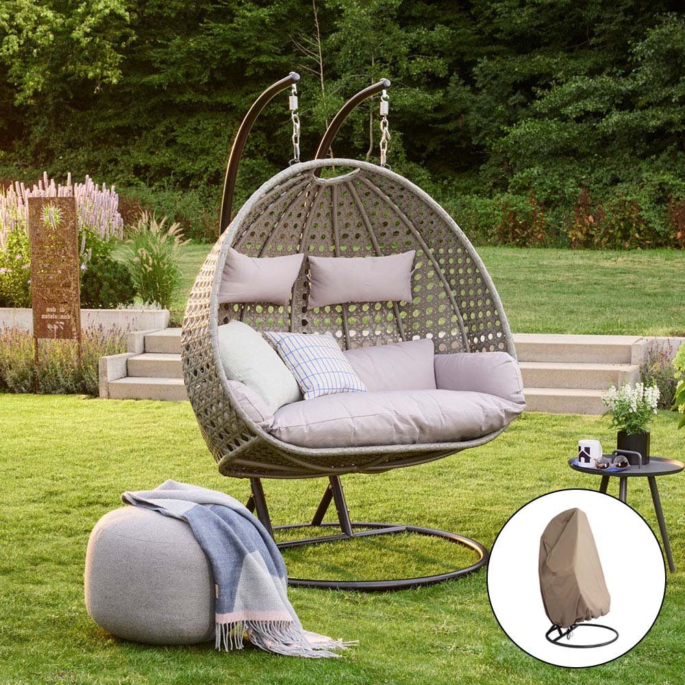 HOME DELUXE Hängesessel Polyrattan Hängesessel TWIN - inkl. Regenabdeckung (Set, 5-St., Arm, Fuß, Korb, Kissen, Kette, Karabinerhaken und Regenabdeckung), gefederte Aufhängung