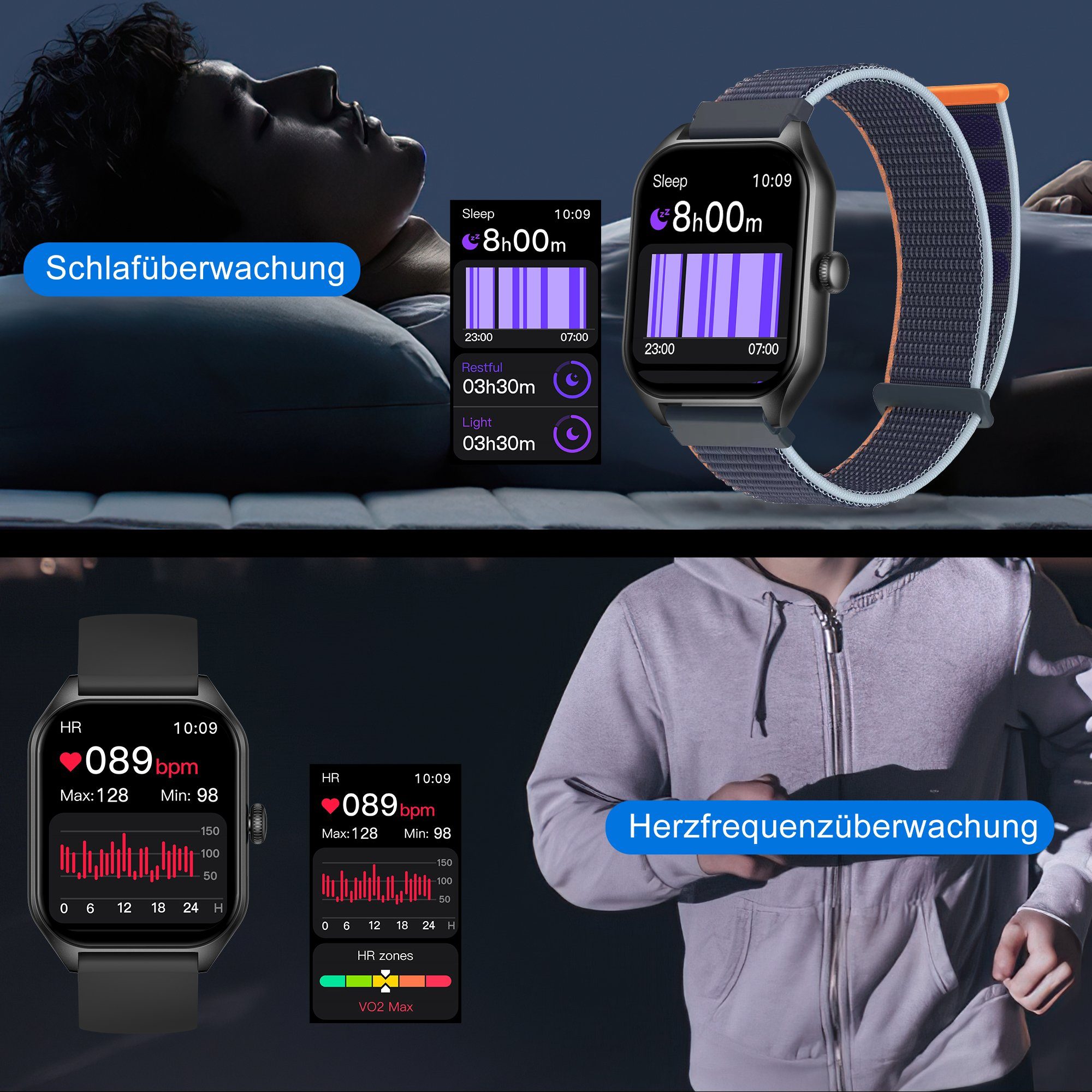 Mutoy Smartwatch, Fitness Tracker Uhr mit Anruffunktion für Damen Herren Smartwatch (1,85 Zoll Voll Touch Farbdisplay Zoll) mit Blutsauerstoff, Blutdruckmessung, Herzfrequenz, Schrittzähler,Schlafqualität,Musiksteuerung und Fernfotografie,Stoppuhr&We