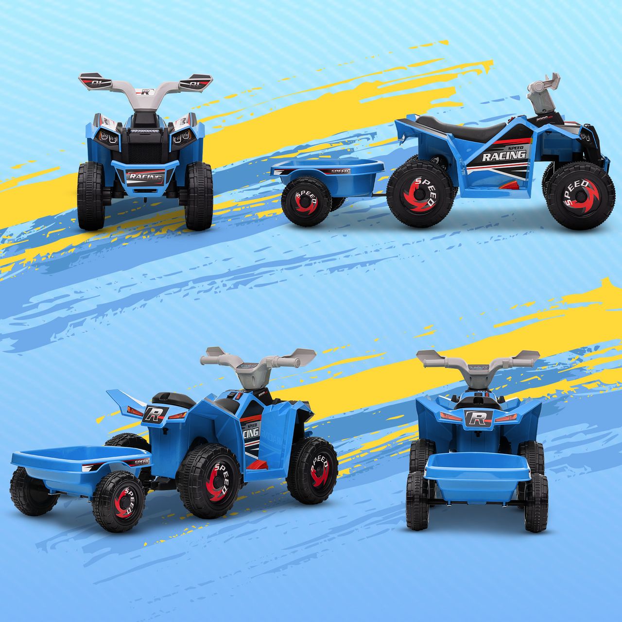 HOMCOM Kinderquad Kinder Elektro-Quad, 6V Elektroauto mit Anhänger Metall Blau