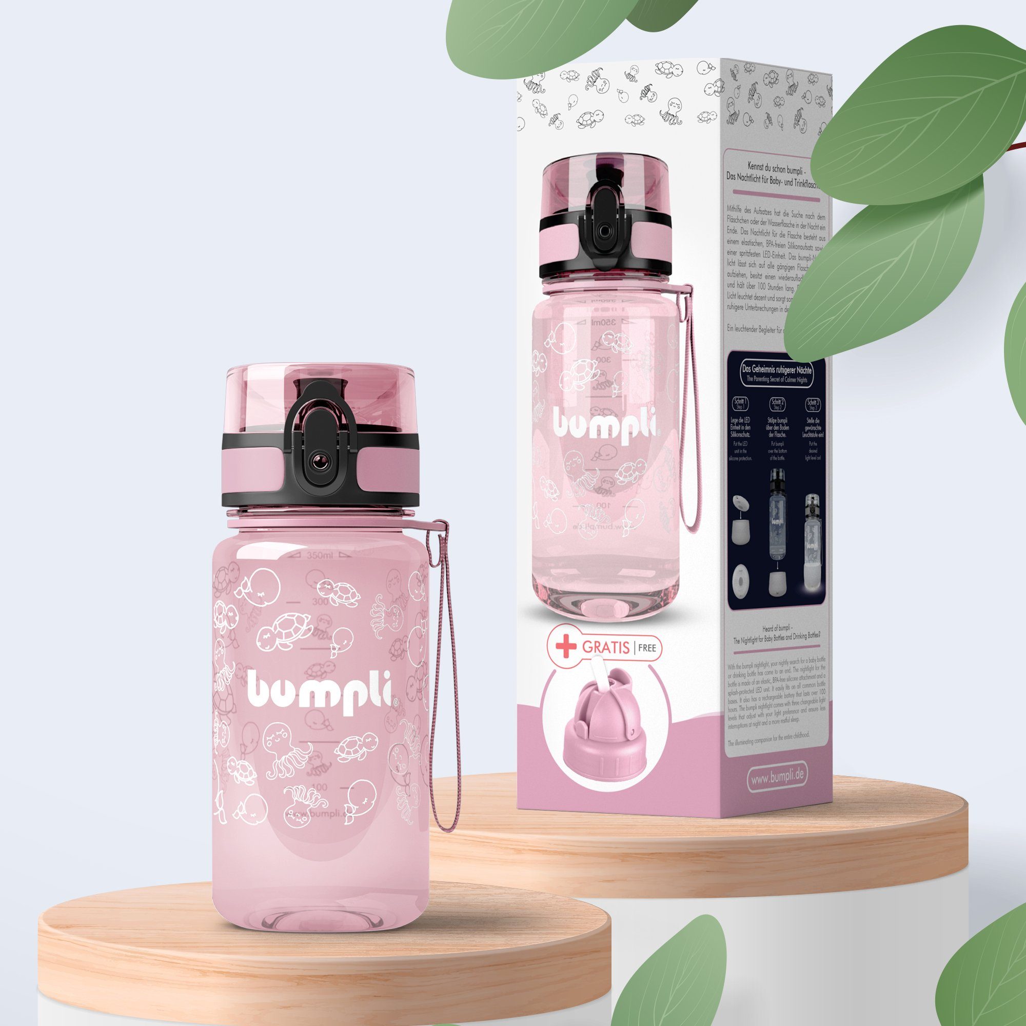 bumpli® Trinkflasche Kinder Trinkflasche 350ml +Strohhalmdeckel, Wasserflasche, BPA-frei, auslaufsicher, spülmaschinenfest, Trageschlaufe, Fruchtsieb