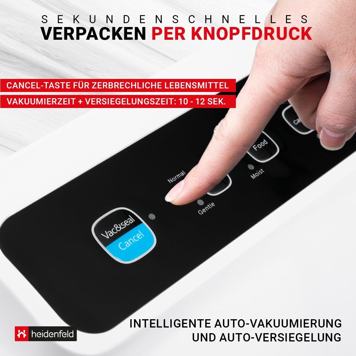 Heidenfeld Vakuumierer Folienschweißgerät HF-VK100 inkl. 5 Folienbeutel, 30 cm Schweißbreite - 125 W Heizleistung - Vakuumierung - 0,8 bar
