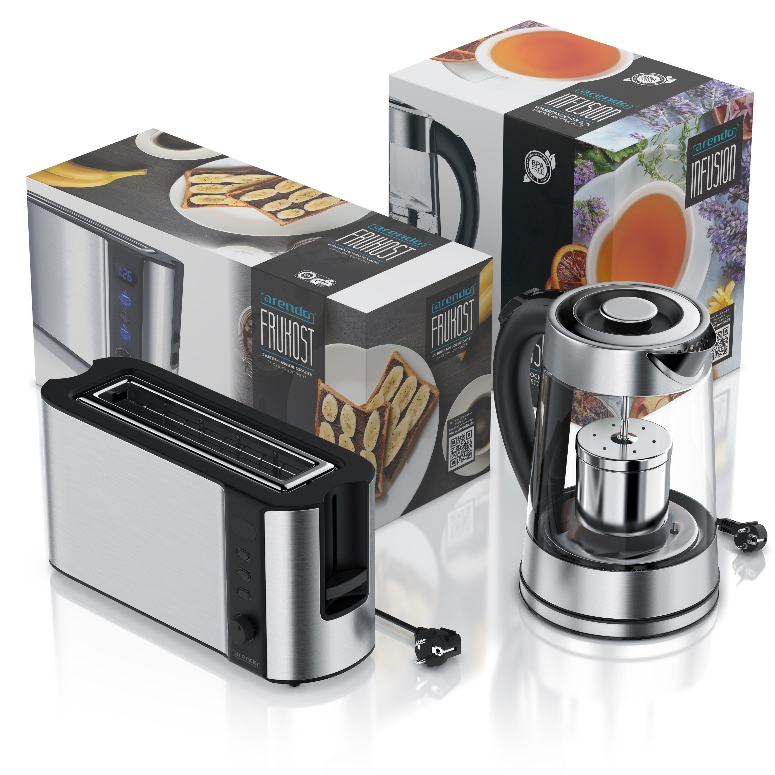 Arendo Frühstücks-Set (2-tlg), Wasserkocher 1,7l mit Teesieb & 2-Scheiben Toaster, Edelstahl